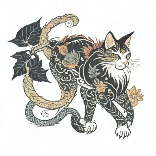 cat dragon with leafs and birds tattoo design idea