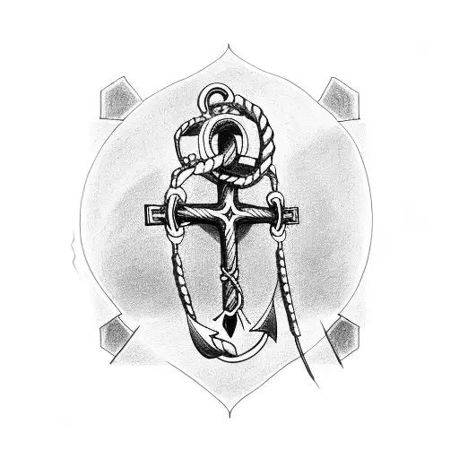 cross with rope and boat anchor at the end of the rope, wrote "Jean-Paul" tattoo design idea