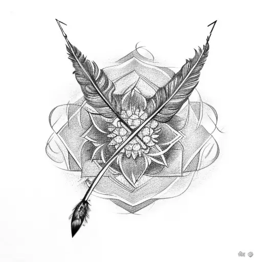 ornamental arrow with peacock feather, sunflower and butterfly tattoo design idea