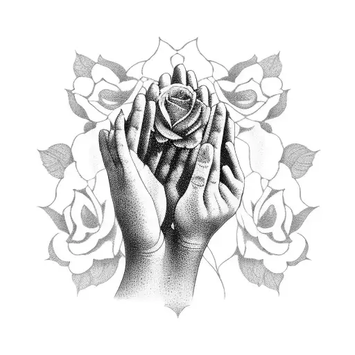 A serene praying hands surrounded by delicate roses tattoo design idea