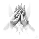 A serene praying hands surrounded by delicate roses tattoo design idea