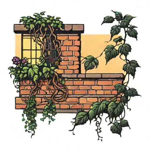 rustic brick wall with invasive vines covering it sunset background  tattoo design idea