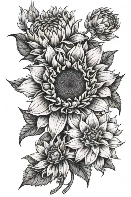 sunflower and dahlia flower tattoo design idea