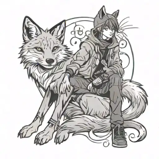 Portrait of a strong anime character battling multiple sclerosis with a fox companion tattoo design idea