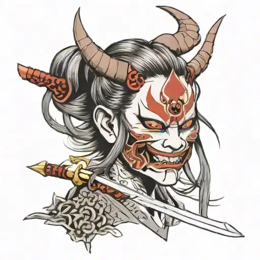 Oni mask on girl with Japanese style swords tattoo design idea
