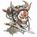 Oni mask on girl with Japanese style swords tattoo design idea