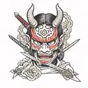 Oni mask on girl with Japanese style swords tattoo design idea
