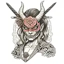 Oni mask on girl with Japanese style swords tattoo design idea