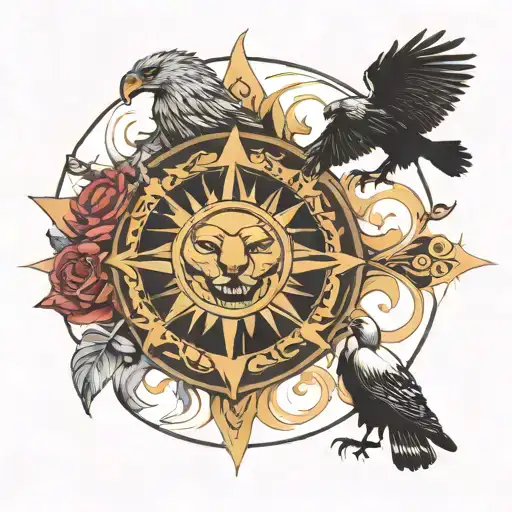 circle of life featuring the sun in the middle surrounded by a sprouting seed, an antalope, a lioness and a vulture  tattoo design idea