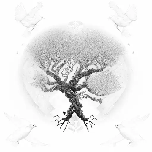 A half dead- half alive tree where there are 3 birds on the branches and one bird arrivinf on the blooming side tattoo design idea