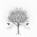 A half dead- half alive tree where there are 3 birds on the branches and one bird arrivinf on the blooming side tattoo design idea