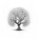 A half dead- half alive tree where there are 3 birds on the branches and one bird arrivinf on the blooming side tattoo design idea
