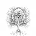 A half dead- half alive tree where there are 3 birds on the branches and one bird arrivinf on the blooming side tattoo design idea