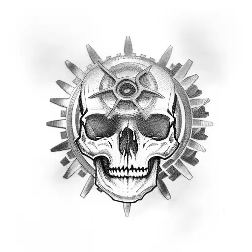 Combine skull with gears in a dark, firey, minfuck style tattoo design idea