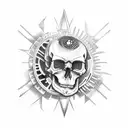 Combine skull with gears in a dark, firey, minfuck style tattoo design idea