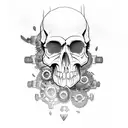 Combine skull with gears in a dark, firey, minfuck style tattoo design idea