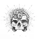 Combine skull with gears in a dark, firey, minfuck style tattoo design idea