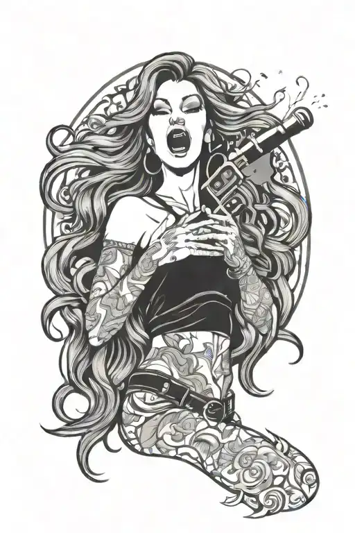 Long haired passionate woman singing loud and having many thoughts of life tattoo design idea