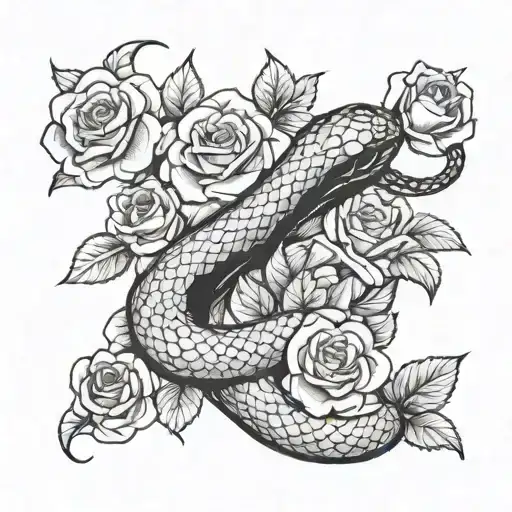 snake and roses  tattoo design idea
