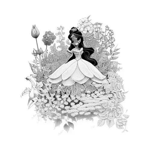 A black-grey tattoo of a Disney princess surrounded by a garden of flowers tattoo design idea