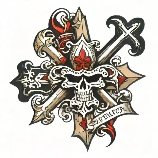 templar cross and fleur de lys and the inscription pro patria semper praesentes tattoo design idea