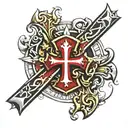 Templar cross with a fleur-de-lis and the inscription pro patria semper preasentes tattoo design idea