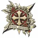 Templar cross with a fleur-de-lis and the inscription pro patria semper preasentes tattoo design idea