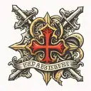 Templar cross with a fleur-de-lis and the inscription pro patria semper preasentes tattoo design idea