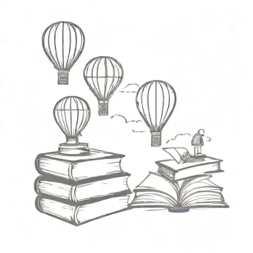 books and hot air balloon fly tattoo design idea