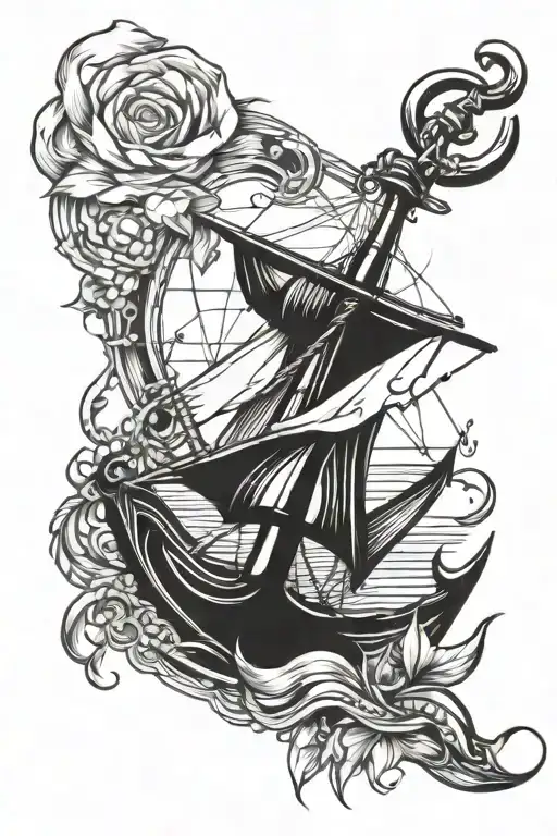 anchor, sail boat write "santosha" tattoo design idea