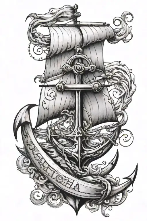 anchor, sail boat write "santosha" tattoo design idea