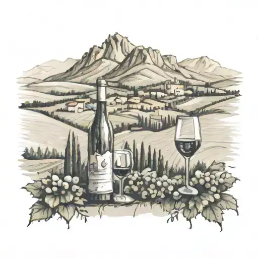 Tuscany vineyard with glass and wine bottle in foreground, farmhouse and mountains in background  tattoo design idea