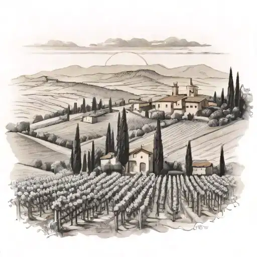 Tuscany vineyard with rolling hills and grape rows in foreground, farmhouse and mountains in background  tattoo design idea
