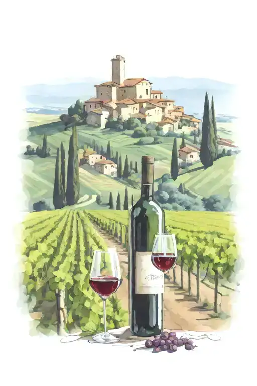 Tuscany vineyard with glass and wine bottle in foreground, farmhouse and mountains in background  tattoo design idea
