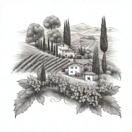 Tuscany vineyard with rows of vines on rolling hills in the foreground and a farmhouse and mountains in background  tattoo design idea