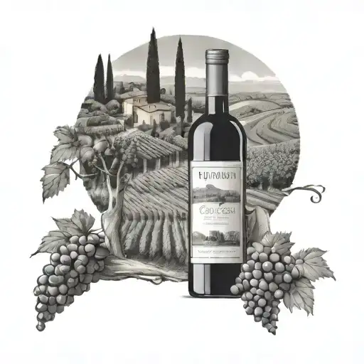 vineyard in Tuscany. In the foreground include a classic bottle of Chianti wine with a tattoo design idea