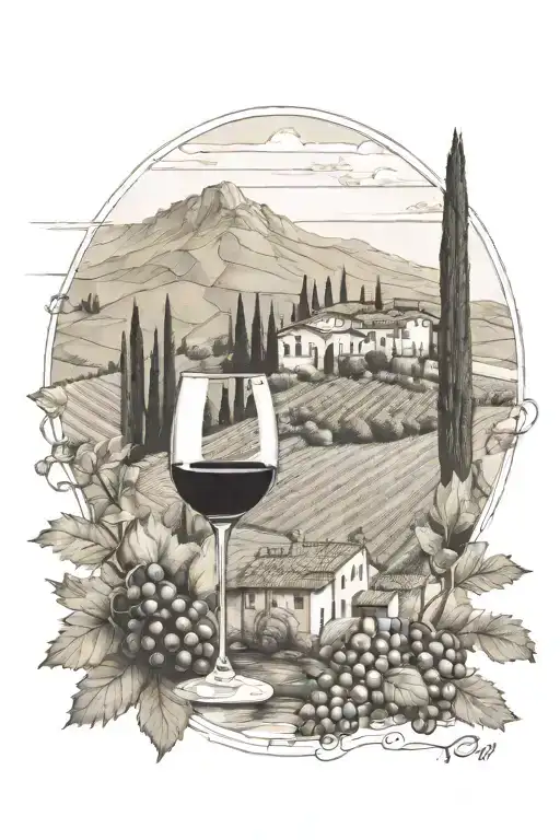 Tuscany vineyard with glass and wine bottle in foreground, farmhouse and mountains in background  tattoo design idea