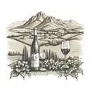 Tuscany vineyard with glass and wine bottle in foreground, farmhouse and mountains in background  tattoo design idea