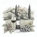 Tuscany vineyard with glass and wine bottle in foreground, farmhouse and mountains in background  tattoo design idea