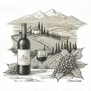 Tuscany vineyard with glass and wine bottle in foreground, farmhouse and mountains in background  tattoo design idea