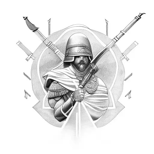fine line Greek soldier with spear kneeling down tattoo design idea
