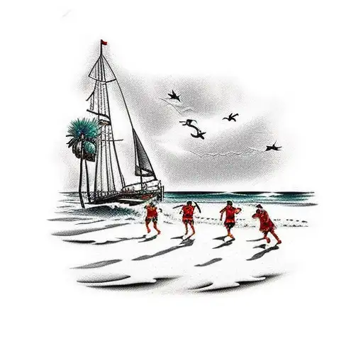 A traditional style tattoo of a Florida beach scene, with soccer players wearing Manchester United jerseys playing in the sand and a coffee cup resting on a wooden beach chair tattoo design idea
