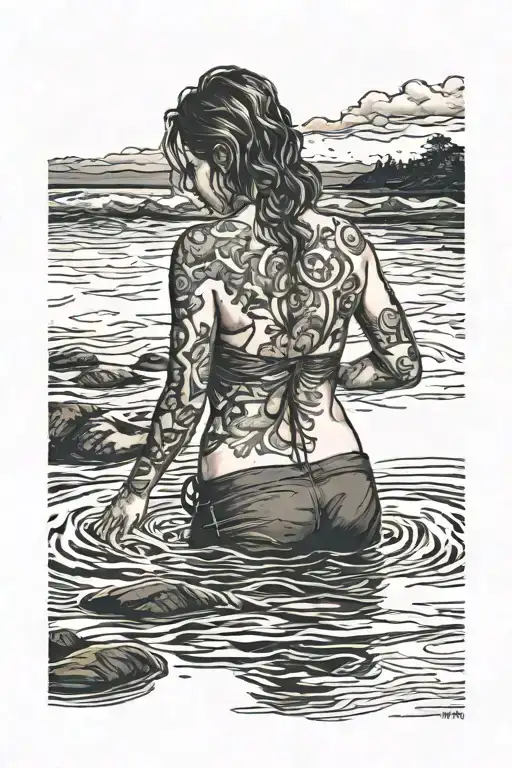 woman standing in dark water at night facing away holding syth tattoo design idea