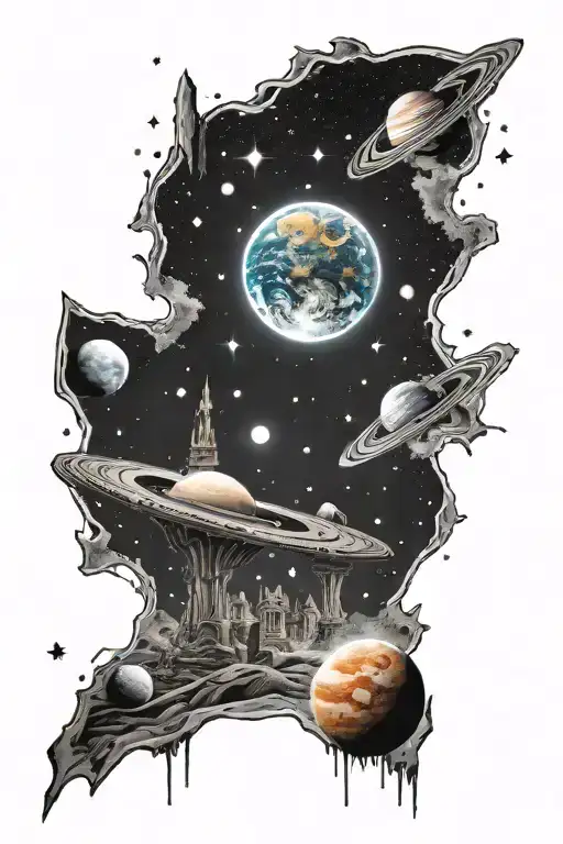  graveyard galaxy filled with stars planets in sky tattoo design idea