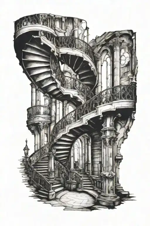 spiral staircase deteriorating gothic cathedral tattoo design idea
