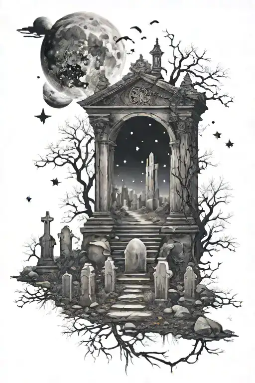  graveyard with many headstones gothic below then higher up galaxy filled with stars planets in sky tattoo design idea