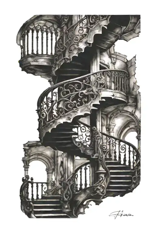 spiral staircase deteriorating gothic architecture skinny tattoo design idea