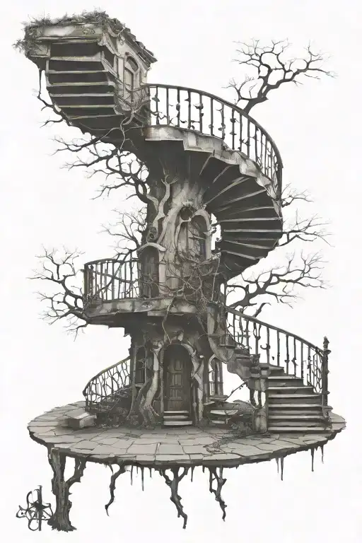 spiral staircase deteriorating with a tree Gothic architecture  tattoo design idea
