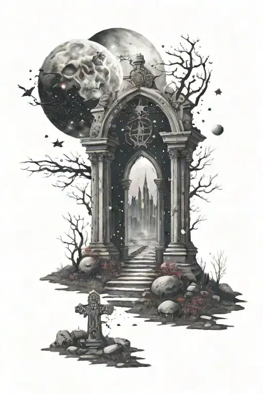  graveyard with many headstones gothic below then higher up portal to galaxy filled with stars many planets in sky tattoo design idea