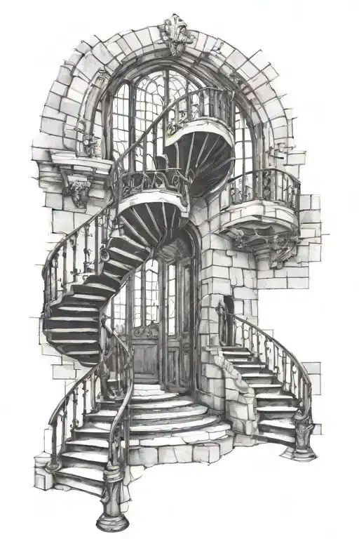 spiral staircase deteriorating cathedral windows gothic stonework tattoo design idea